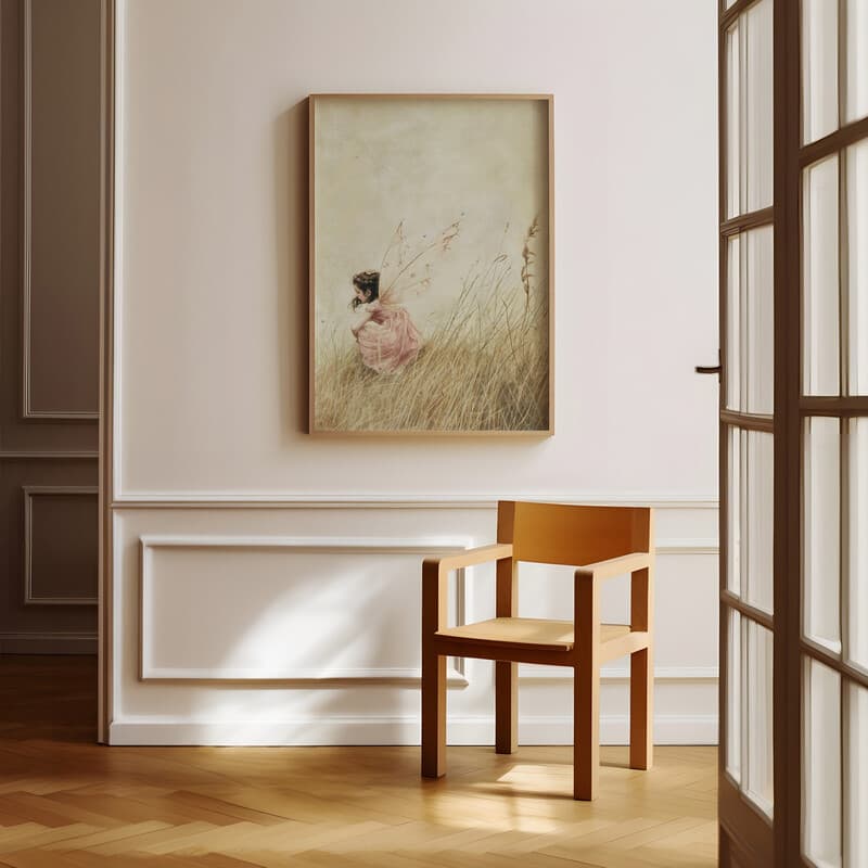 Room view with a full frame of A vintage pastel pencil illustration, a girl with fairy wings in the grass