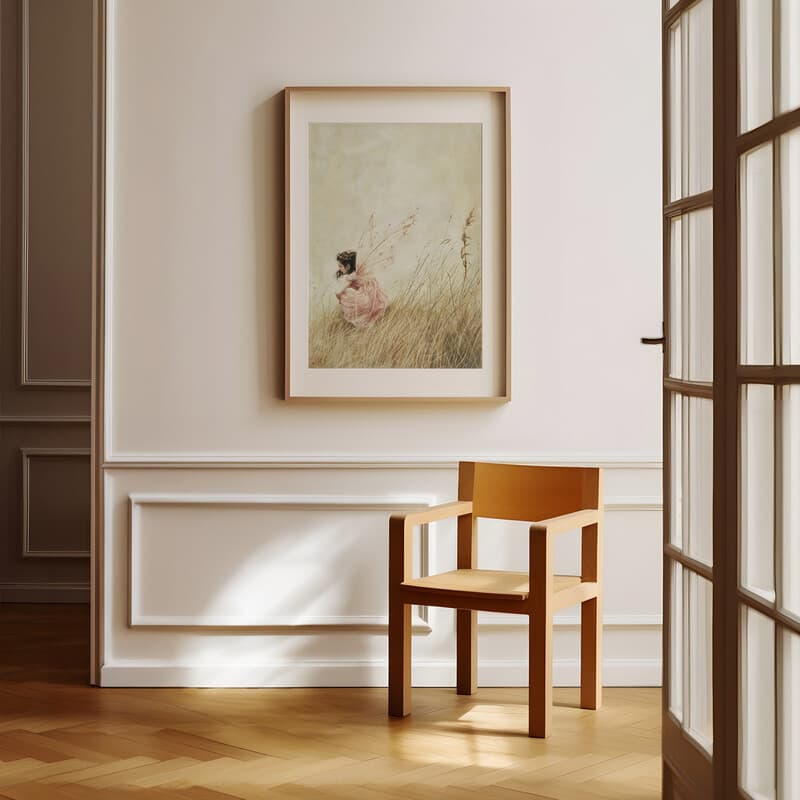 Room view with a matted frame of A vintage pastel pencil illustration, a girl with fairy wings in the grass
