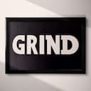 Full frame view of A minimalist letterpress print, the word "GRIND"