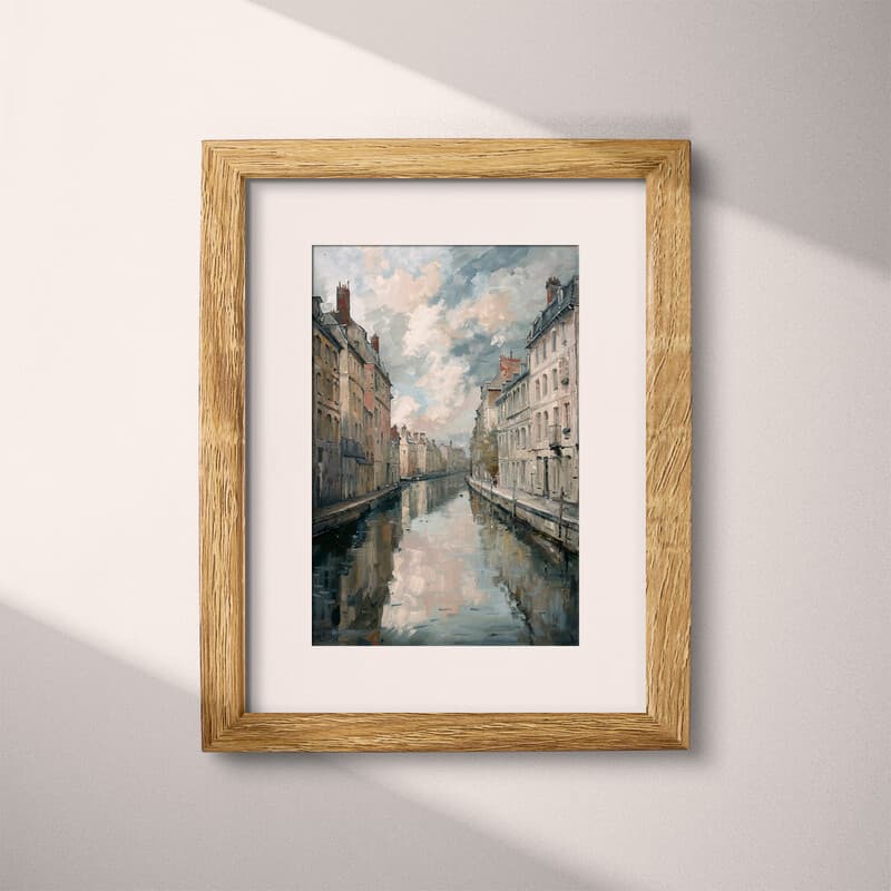 Matted frame view of An impressionist oil painting, canal view with building on both sides, cloudy sky