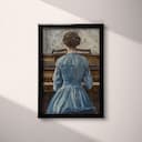 Full frame view of A vintage oil painting, a woman playing piano in blue dress, back view