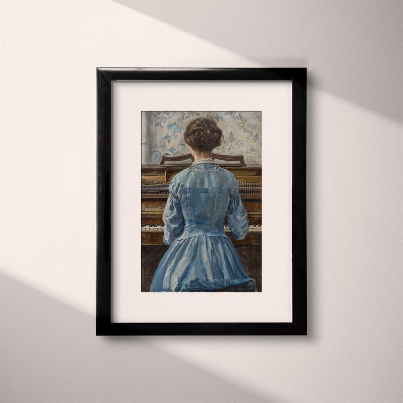 Matted frame view of A vintage oil painting, a woman playing piano in blue dress, back view