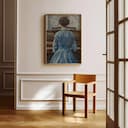 Room view with a full frame of A vintage oil painting, a woman playing piano in blue dress, back view