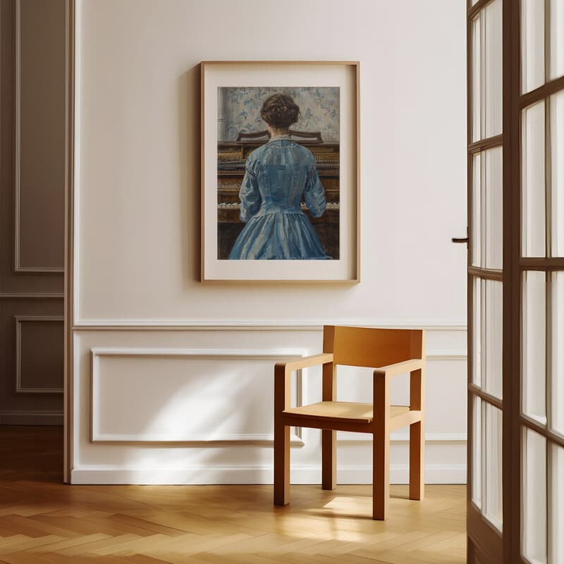 Room view with a matted frame of A vintage oil painting, a woman playing piano in blue dress, back view