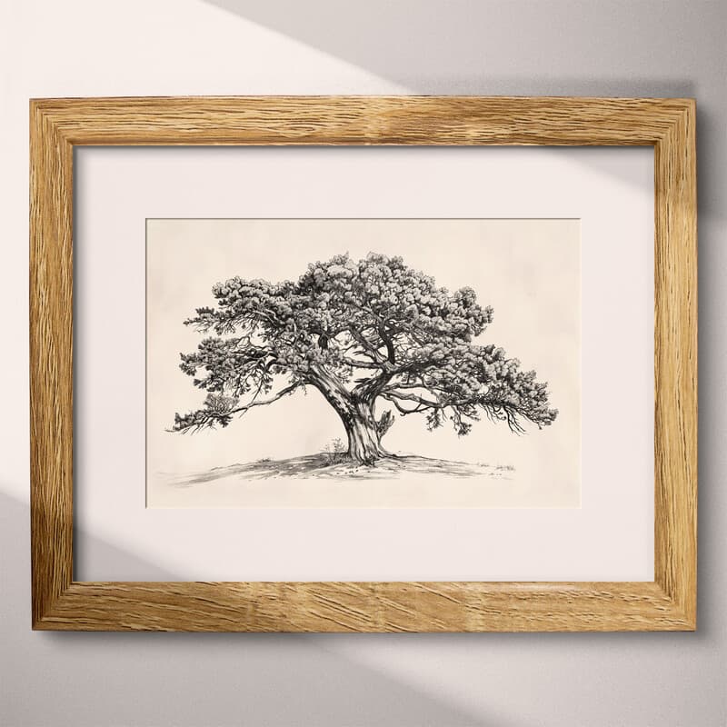 Matted frame view of A vintage graphite sketch, a juniper tree