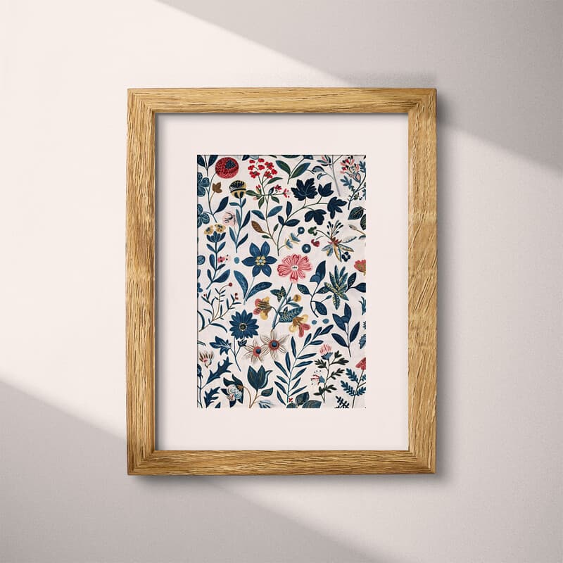 Matted frame view of A maximalist textile print, botanical pattern