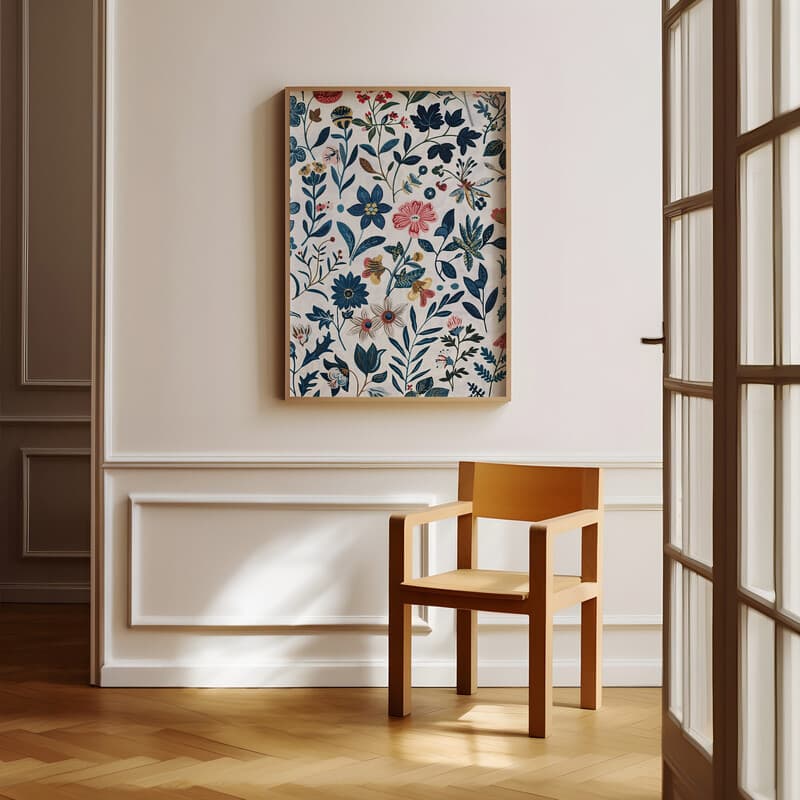 Room view with a full frame of A maximalist textile print, botanical pattern