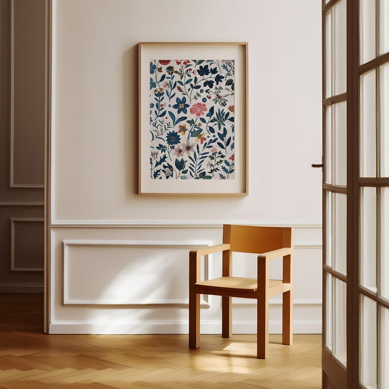 Room view with a matted frame of A maximalist textile print, botanical pattern