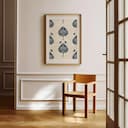 Room view with a matted frame of A minimalist textile print, simple pattern, centered