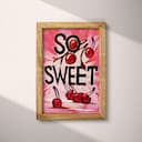 Full frame view of A vintage linocut print, the words "SO SWEET" with cherries