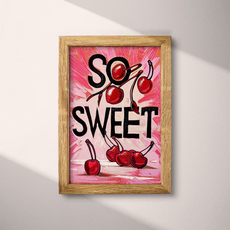 Full frame view of A vintage linocut print, the words "SO SWEET" with cherries