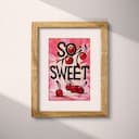 Matted frame view of A vintage linocut print, the words "SO SWEET" with cherries