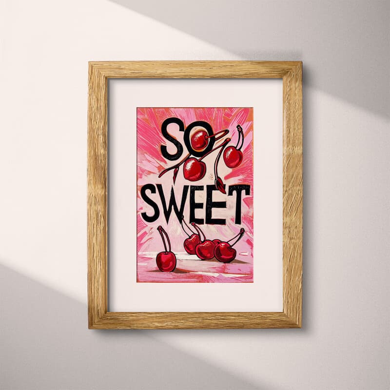 Matted frame view of A vintage linocut print, the words "SO SWEET" with cherries