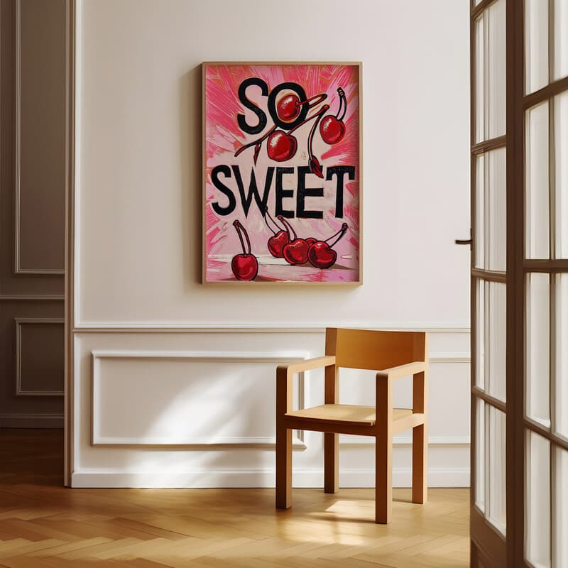 Room view with a full frame of A vintage linocut print, the words "SO SWEET" with cherries