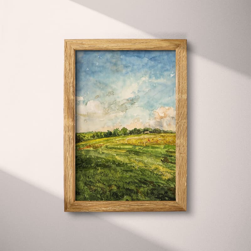 Full frame view of A farmhouse watercolor painting, a green pasture under a blue sky