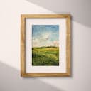 Matted frame view of A farmhouse watercolor painting, a green pasture under a blue sky