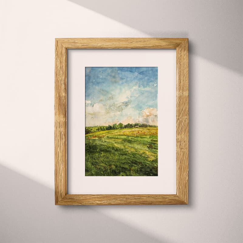 Matted frame view of A farmhouse watercolor painting, a green pasture under a blue sky