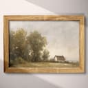 Full frame view of A french country oil painting, country farmhouse and trees under a gray sky, distant view