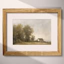 Matted frame view of A french country oil painting, country farmhouse and trees under a gray sky, distant view