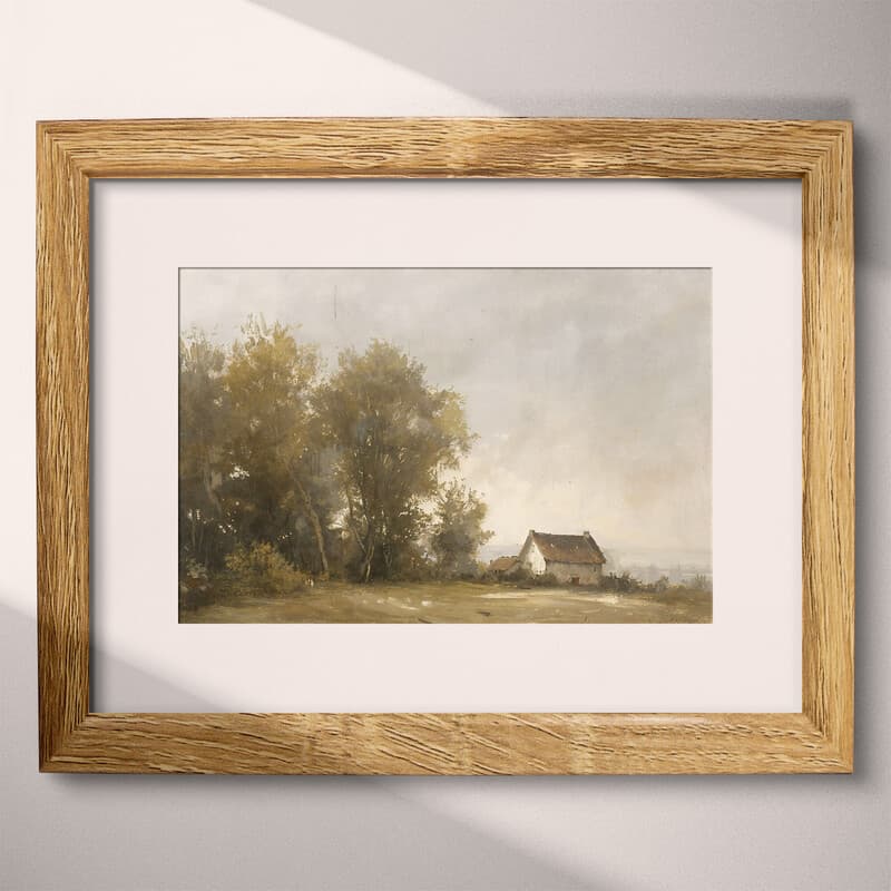 Matted frame view of A french country oil painting, country farmhouse and trees under a gray sky, distant view