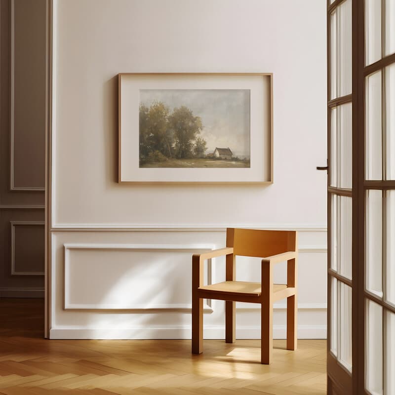 Room view with a matted frame of A french country oil painting, country farmhouse and trees under a gray sky, distant view