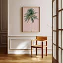 Room view with a full frame of A vintage linocut print, a tropical palm tree