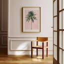 Room view with a matted frame of A vintage linocut print, a tropical palm tree