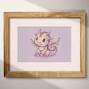 Matted frame view of A cute chibi anime linocut print, a dragon