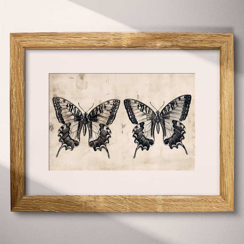 Matted frame view of A vintage graphite sketch, butterflies