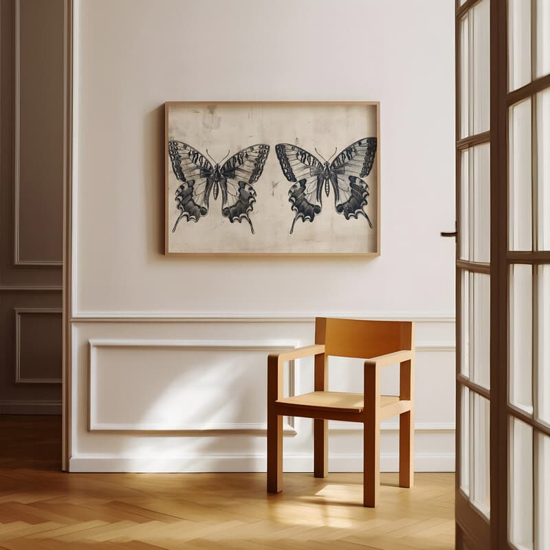 Room view with a full frame of A vintage graphite sketch, butterflies