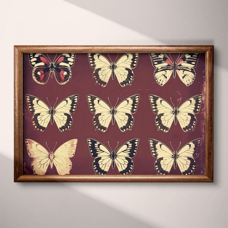 Full frame view of A vintage linocut print, symmetric pattern of butterflies