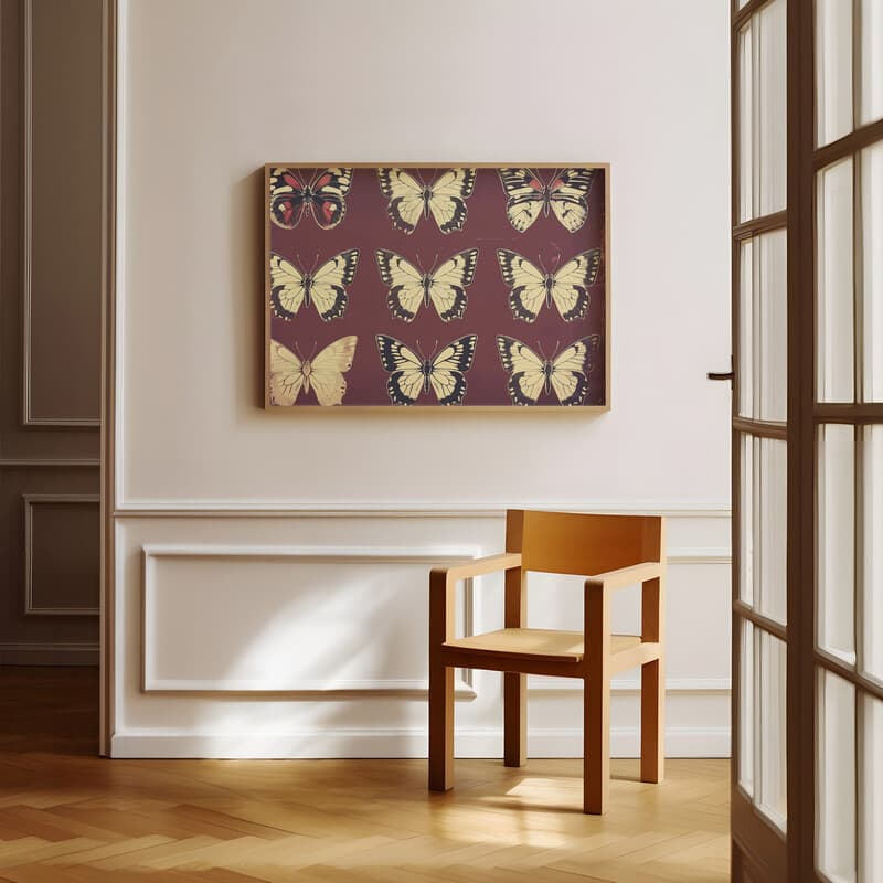 Room view with a full frame of A vintage linocut print, symmetric pattern of butterflies