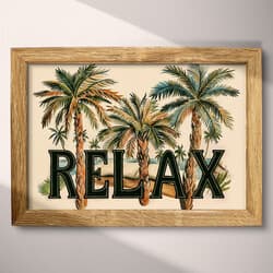 Relax Palm Trees Digital Download | Tropical Wall Decor | Coastal Decor | Beige, Black, Green, Brown, Orange and Blue Print | Scandinavian Wall Art | Living Room Art | Housewarming Digital Download | Summer Wall Decor | Colored Pencil Illustration