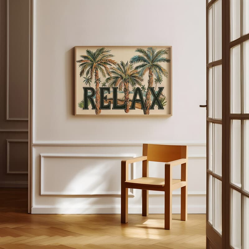 Room view with a full frame of A scandinavian colored pencil illustration, the word "RELAX" with palm trees