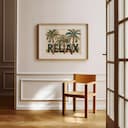 Room view with a matted frame of A scandinavian colored pencil illustration, the word "RELAX" with palm trees