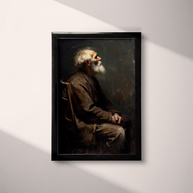 Full frame view of A vintage oil painting, an older man with a white beard resting on a chair, side view