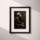 Matted frame view of A vintage oil painting, an older man with a white beard resting on a chair, side view