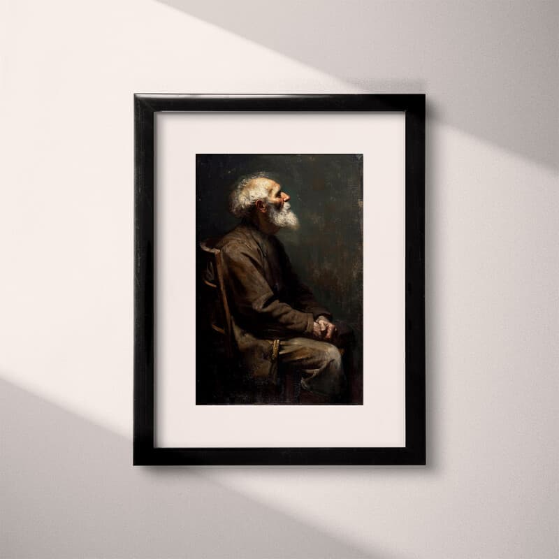 Matted frame view of A vintage oil painting, an older man with a white beard resting on a chair, side view