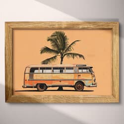 Beach Bus Art | Beach Wall Art | Coastal Print | Brown, Black, White, Orange and Blue Decor | Vintage Wall Decor | Living Room Digital Download | Housewarming Art | Summer Wall Art | Pastel Pencil Illustration