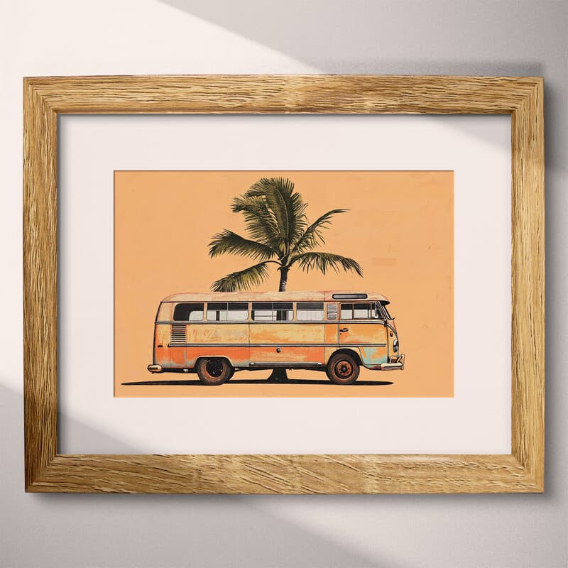 Matted frame view of A vintage pastel pencil illustration, a beach bus under a palm tree, side view