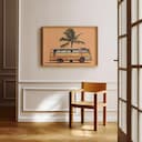 Room view with a full frame of A vintage pastel pencil illustration, a beach bus under a palm tree, side view