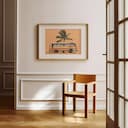 Room view with a matted frame of A vintage pastel pencil illustration, a beach bus under a palm tree, side view