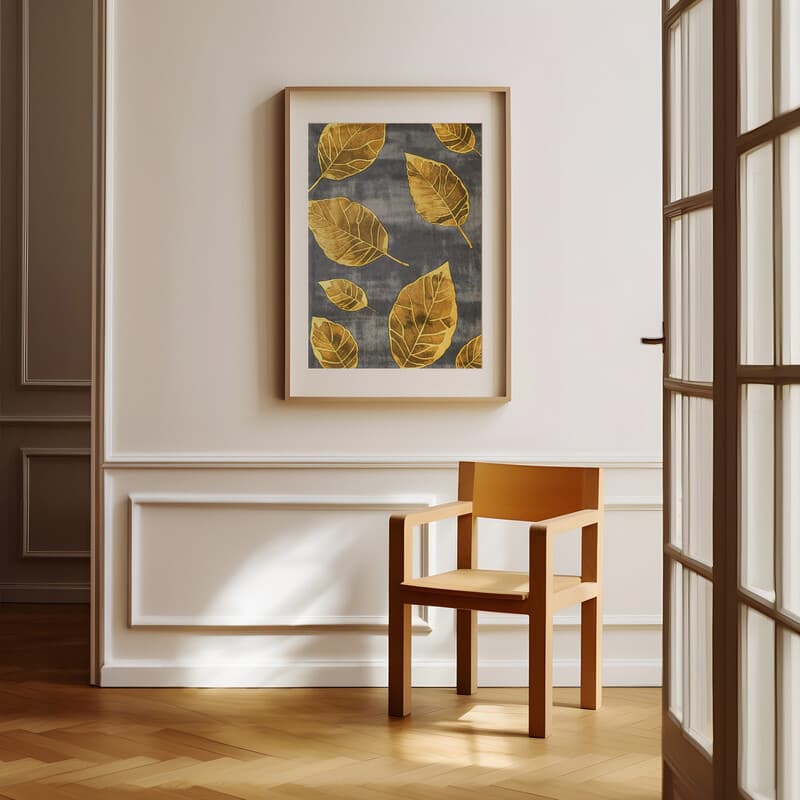 Room view with a matted frame of A vintage textile print, leaf pattern