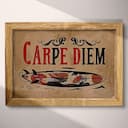 Full frame view of A vintage linocut print, the words "CARPE DIEM" with a surfboard