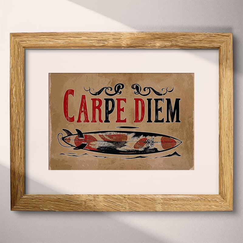 Matted frame view of A vintage linocut print, the words "CARPE DIEM" with a surfboard