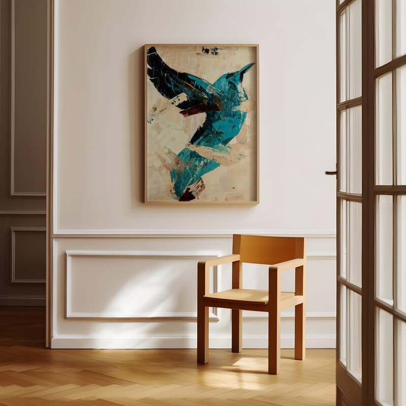 Room view with a full frame of An abstract vintage oil painting, an exaggerated shape