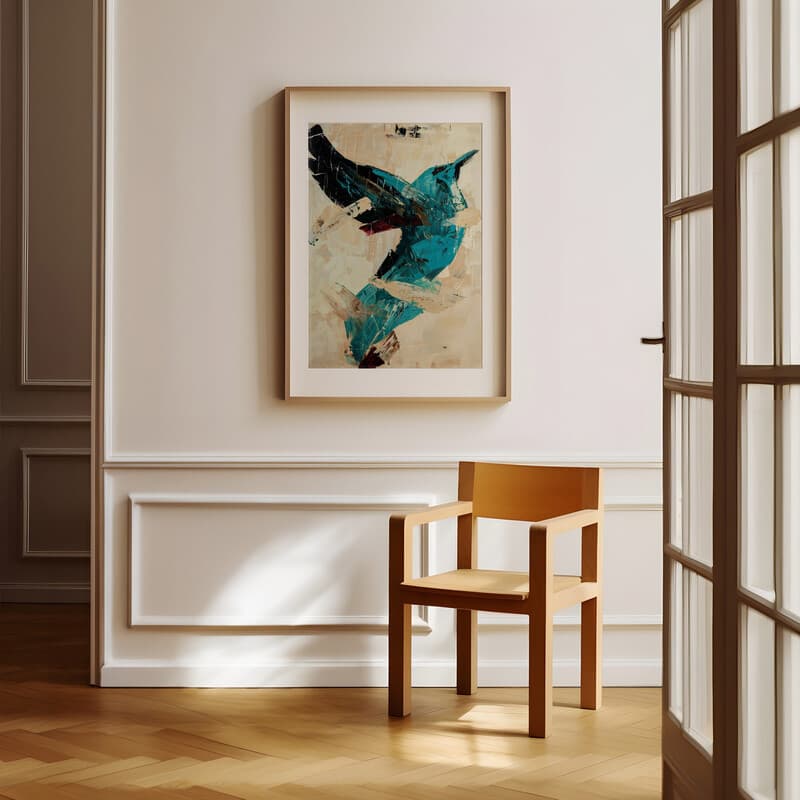 Room view with a matted frame of An abstract vintage oil painting, an exaggerated shape