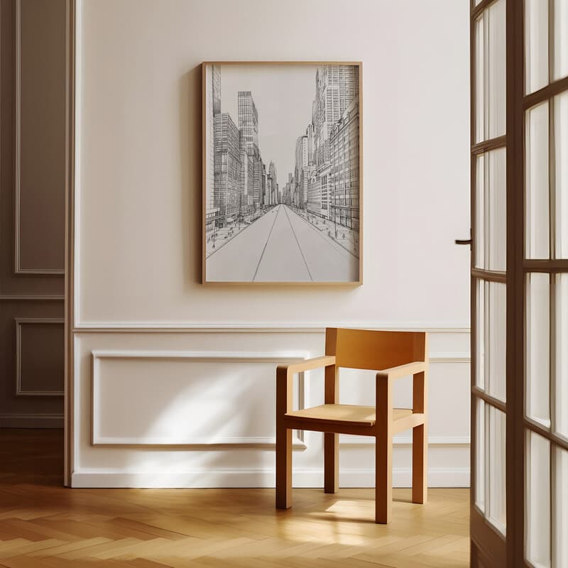 Room view with a full frame of A mid-century pencil sketch, city architecture, outside view