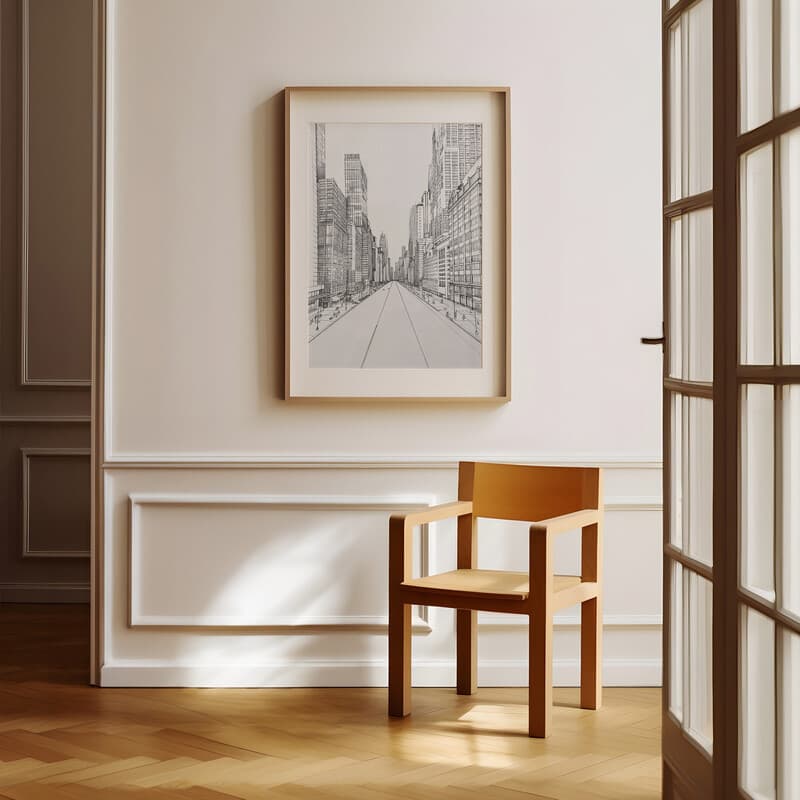 Room view with a matted frame of A mid-century pencil sketch, city architecture, outside view