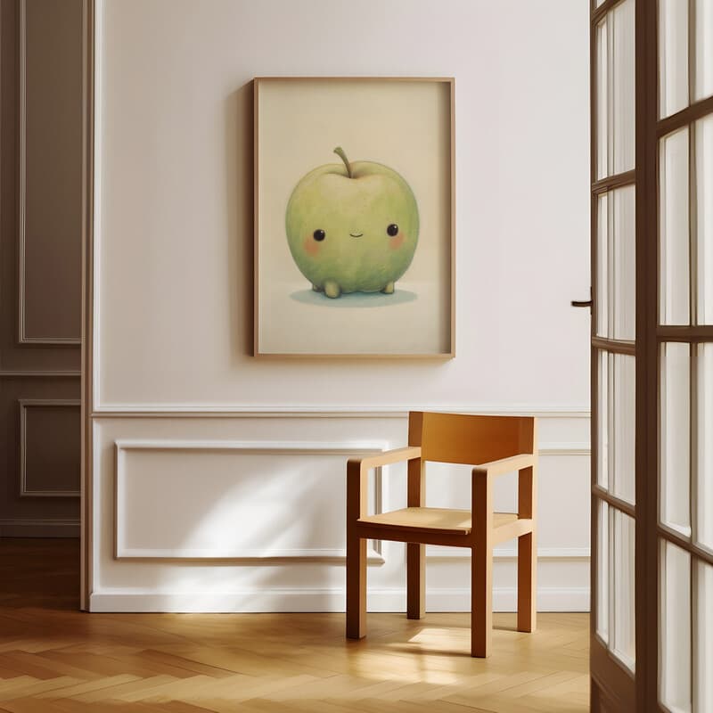 Room view with a full frame of A cute chibi anime pastel pencil illustration, an apple